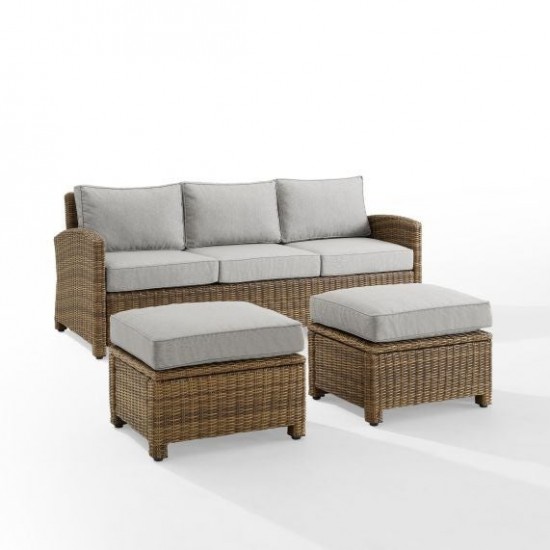 Bradenton 3Pc Outdoor Wicker Sofa Set Gray/Weathered Brown - Sofa & 2 Ottomans