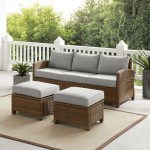 Bradenton 3Pc Outdoor Wicker Sofa Set Gray/Weathered Brown - Sofa & 2 Ottomans