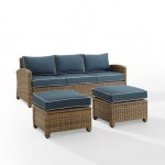 Bradenton 3Pc Outdoor Wicker Sofa Set Navy/Weathered Brown - Sofa & 2 Ottomans