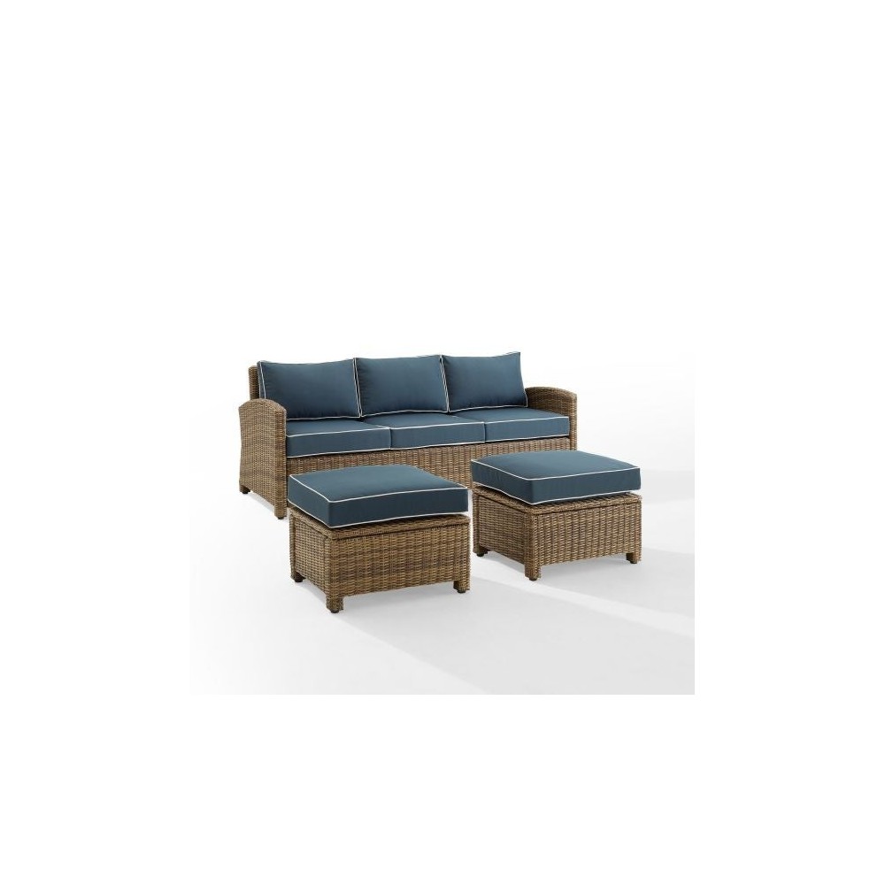 Bradenton 3Pc Outdoor Wicker Sofa Set Navy/Weathered Brown - Sofa & 2 Ottomans