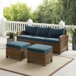 Bradenton 3Pc Outdoor Wicker Sofa Set Navy/Weathered Brown - Sofa & 2 Ottomans