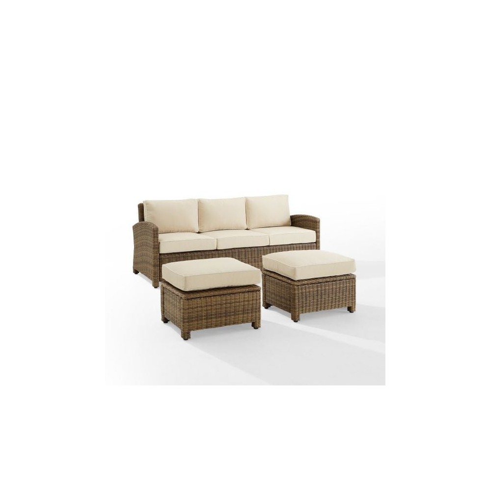 Bradenton 3Pc Outdoor Wicker Sofa Set Sand/Weathered Brown - Sofa & 2 Ottomans