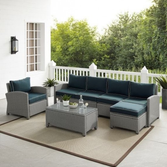 Bradenton 5Pc Outdoor Wicker Sectional Set Navy/Gray, KO70188GY-NV