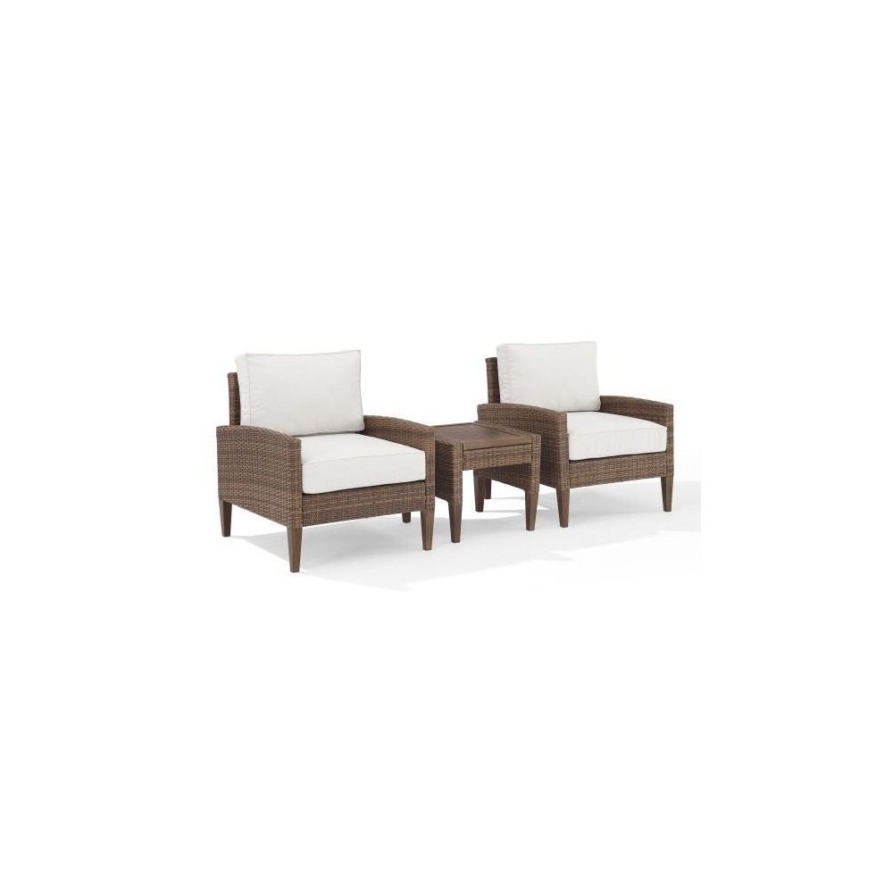 Capella 3Pc Outdoor Wicker Chair Set Creme/Brown - Side Table & 2 Armchairs