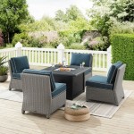 Bradenton 5Pc Outdoor Wicker Conversation Set W/Fire Table Navy/Gray