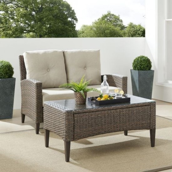 Rockport Outdoor Wicker 2Pc High Back Conversation Set- Loveseat & Coffee Table