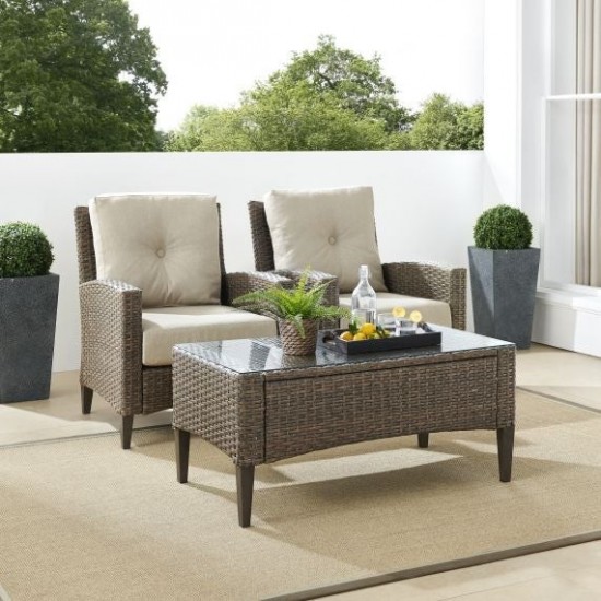 Rockport Outdoor Wicker 3Pc High Back Chair Set- Coffee Table & 2 Armchairs