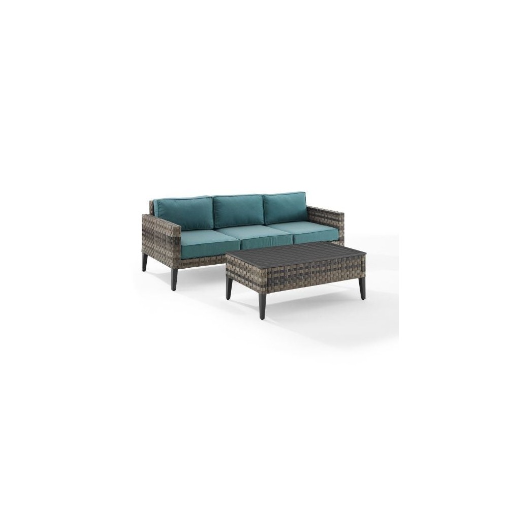 Prescott 2Pc Outdoor Wicker Sofa Set Mineral Blue/Brown - Sofa & Coffee Table