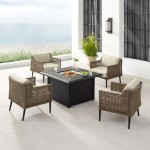 Southwick 5Pc Outdoor Wicker Conversation Set W/Fire Table Creme