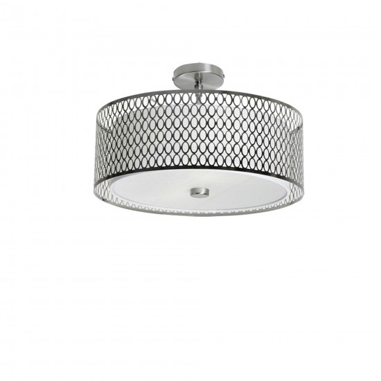 3 Light Semi Flush w/ White Shade, Satin Chrome Finish, Frosted Glass Diffuser