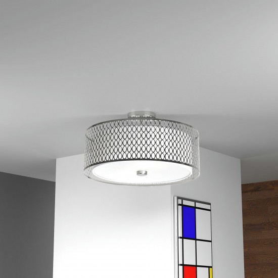 3 Light Semi Flush w/ White Shade, Satin Chrome Finish, Frosted Glass Diffuser