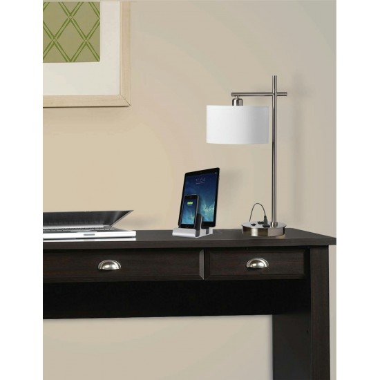 Incandescent Table Lamp with USB Port and Receptacle, Satin Chrome Finish