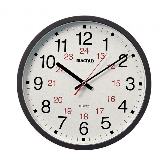 12/24 Hour Clock, Black, Sweep Style Second Hand, Glass Face