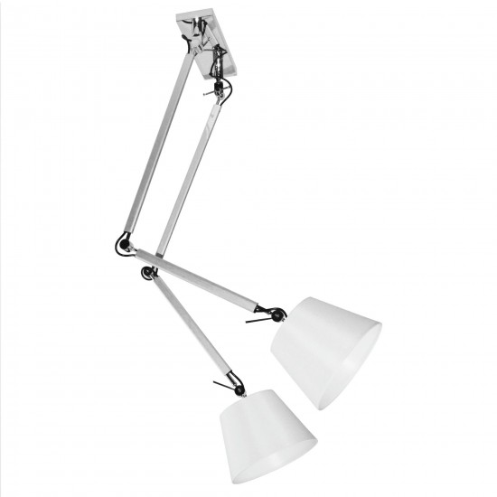 2 Light Adjustable Arm Fixture, Silver Finish with White Shade