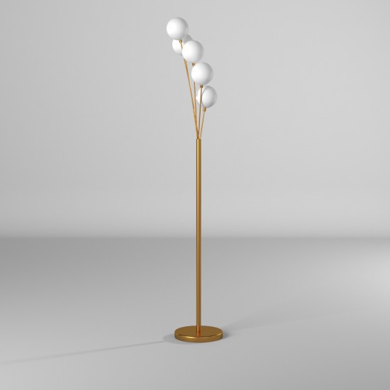 5 Light Incandescent Floor Lamp Aged Brass Finish with White Glass