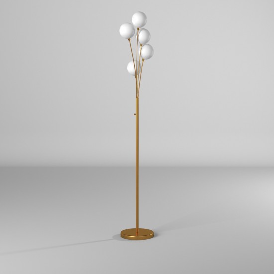 5 Light Incandescent Floor Lamp Aged Brass Finish with White Glass