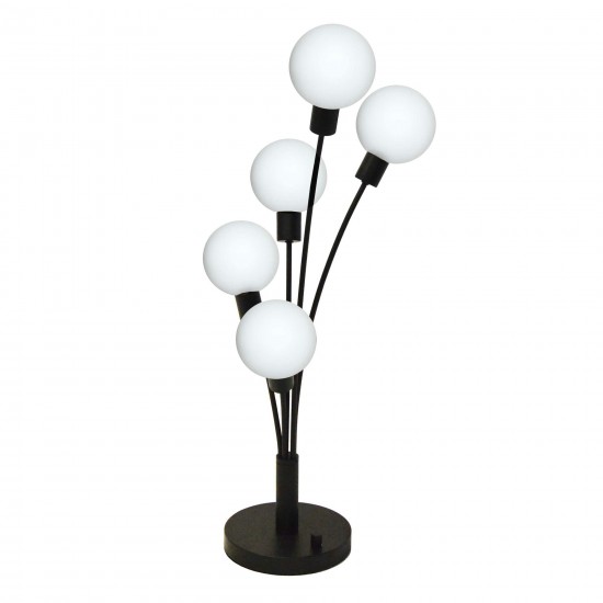 5 Light Incandescent Table Lamp Black Finish with White Glass