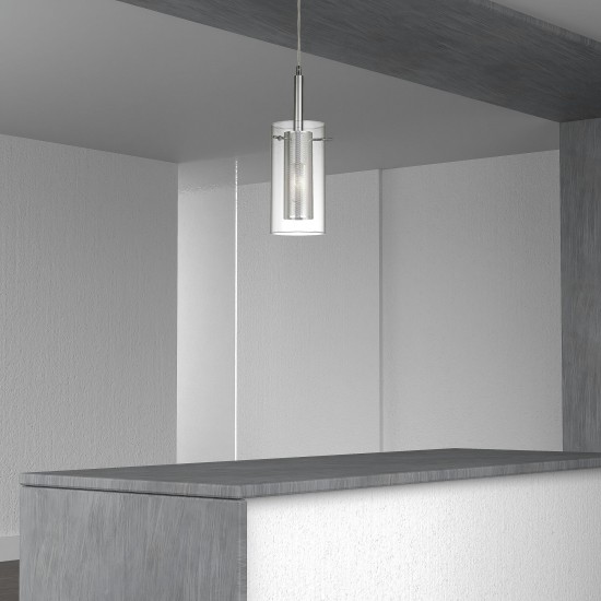 1 Light Pendant, Polished Chrome, Clear Glass / Steel Mesh