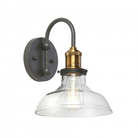 1 Light Wall Sconce, Black and Antique Brass Finish, Clear Glass