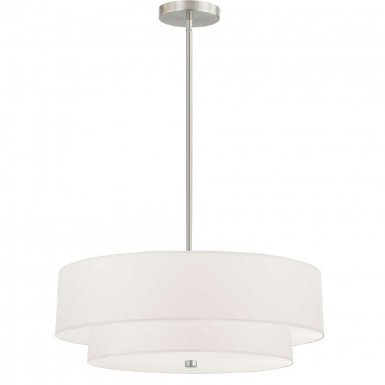 4 Light Incandescent 2 Tier Pendant, Satin Chrome with White Shade