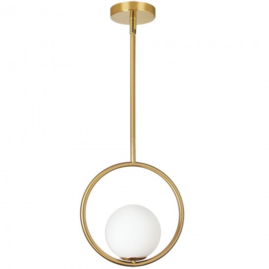 1 Light Halogen Pendant Aged Brass Finish with White Glass