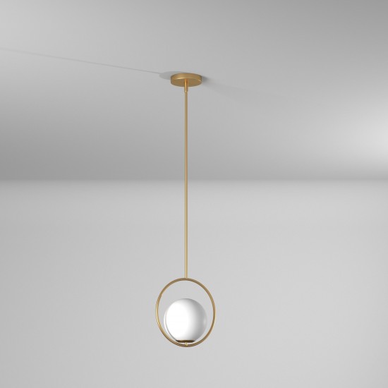 1 Light Halogen Pendant Aged Brass Finish with White Glass