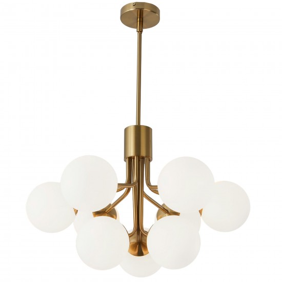 9 Light Halogen Chandelier, Aged Brass with Opal Glass