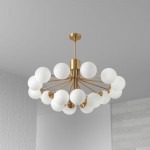 9 Light Halogen Chandelier, Aged Brass with Opal Glass