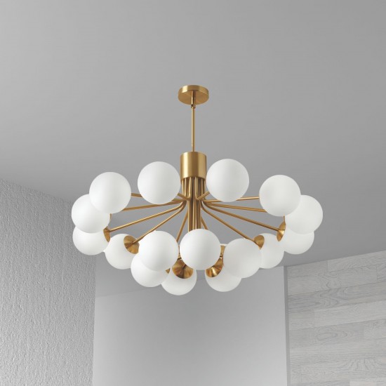 9 Light Halogen Chandelier, Aged Brass with Opal Glass