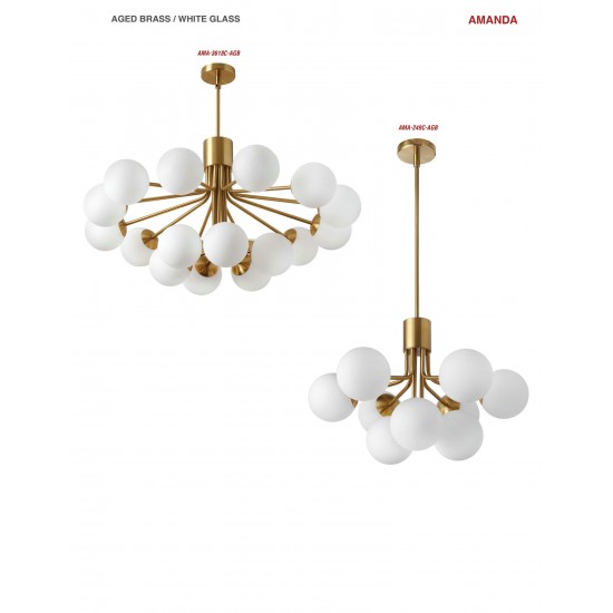 9 Light Halogen Chandelier, Aged Brass with Opal Glass