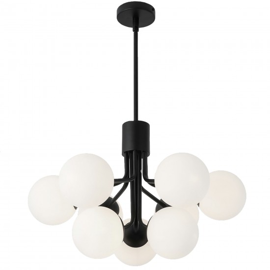 9 Light Halogen Chandelier, Matte Black with Opal Glass