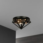 3 Light Flush Mount Fixture, Matte Black with Antique Brass Accents