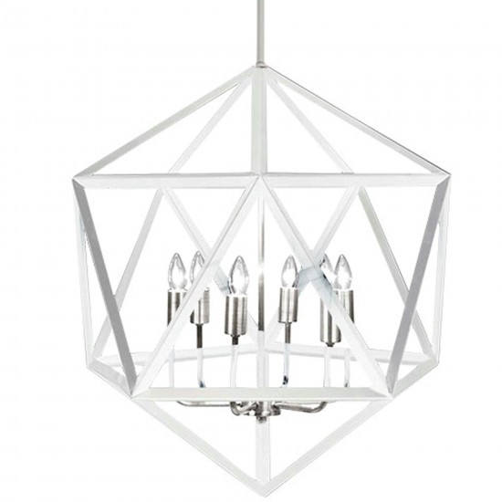 6 Light Chandelier, Matte White with Satin Chrome Accents