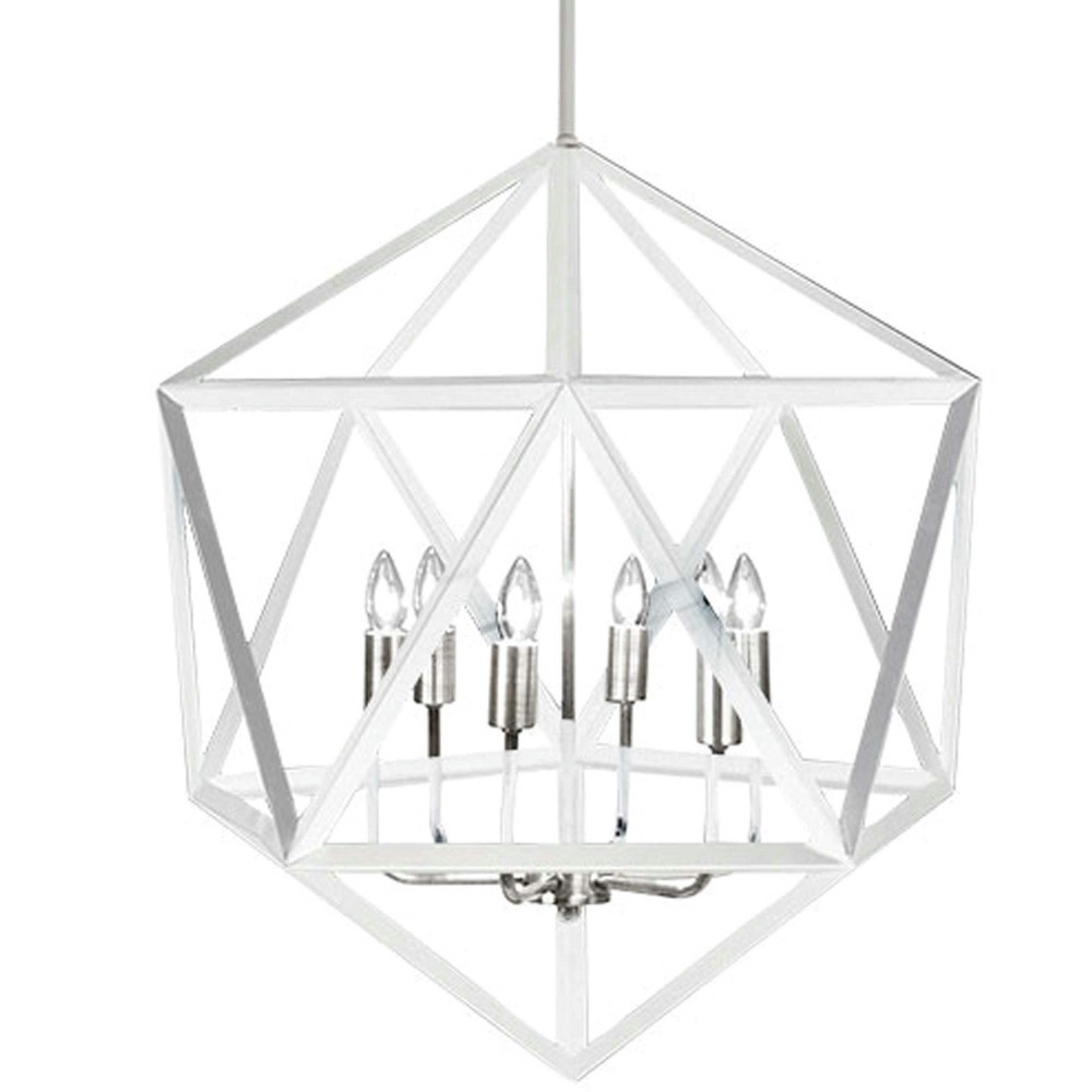 6 Light Chandelier, Matte White with Satin Chrome Accents