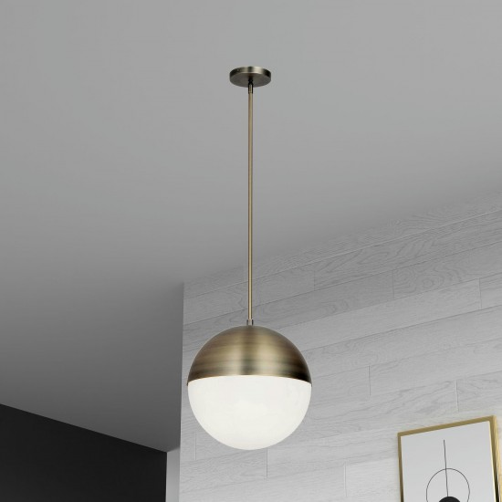 3 Light Halogen Pendant, Antique Brass Finish with White Glass