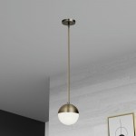 1 Light Halogen Pendant, Antique Brass Finish with White Glass