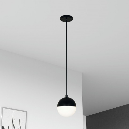 1 Light Halogen Pendant, Matte Black Finish with White Glass