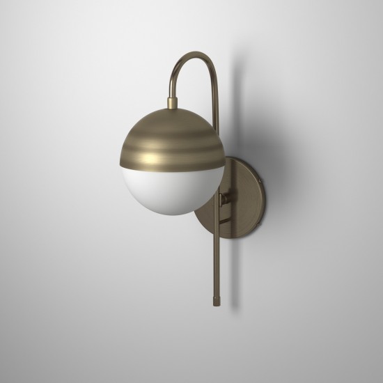 1 Light Halogen Sconce, Antique Brass with White Glass, Hardwire and Plug-In