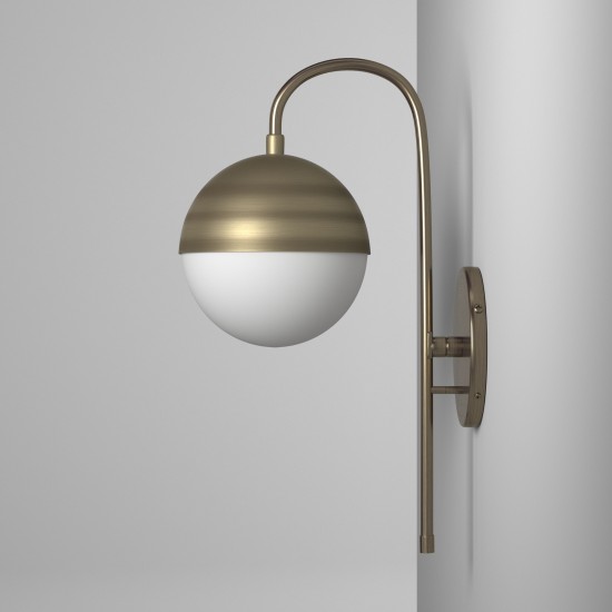 1 Light Halogen Sconce, Antique Brass with White Glass, Hardwire and Plug-In