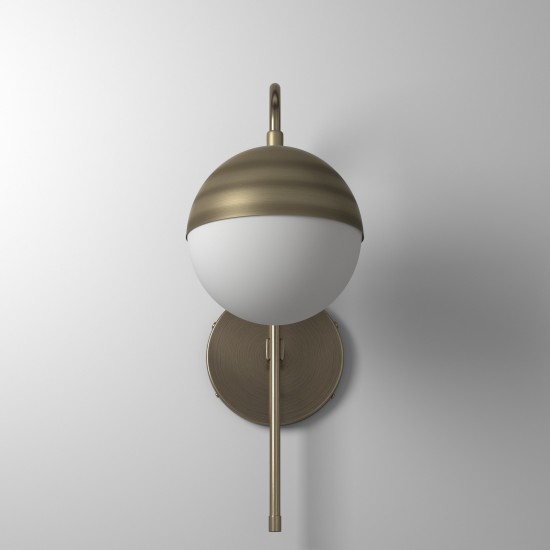 1 Light Halogen Sconce, Antique Brass with White Glass, Hardwire and Plug-In