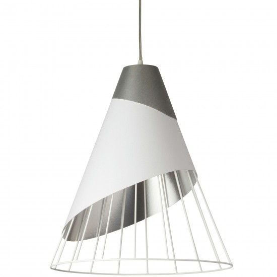 1 Light White Pendant with Steel Fabric Cap and White on Silver Hardback Shade