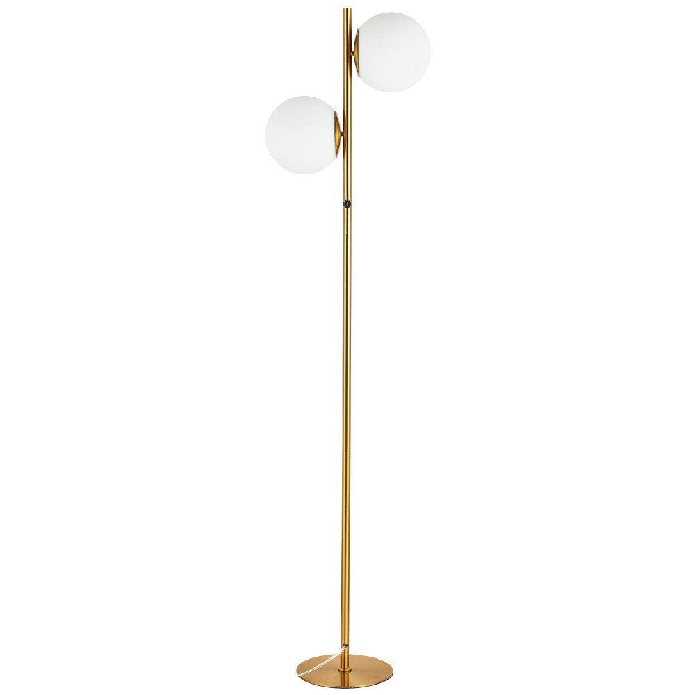 2 Light Incandescent Floor Lamp, Aged Brass with White Opal Glass