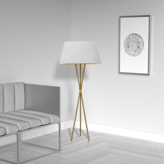 1 Light 3 Legged Aged Brass Floor Lamp, with White/Gold Shade