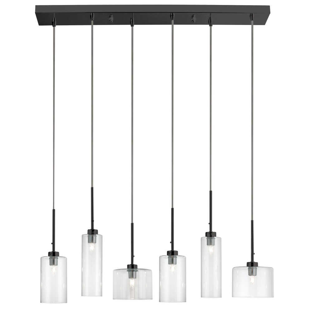 6 Light Halogen Horizontal Pendant, Matte Black with Clear Glass