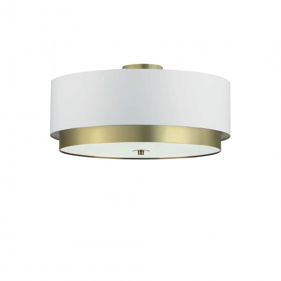 4 Light Flush Mount, Aged Brass with White Shade, Frosted Glass Diffuser