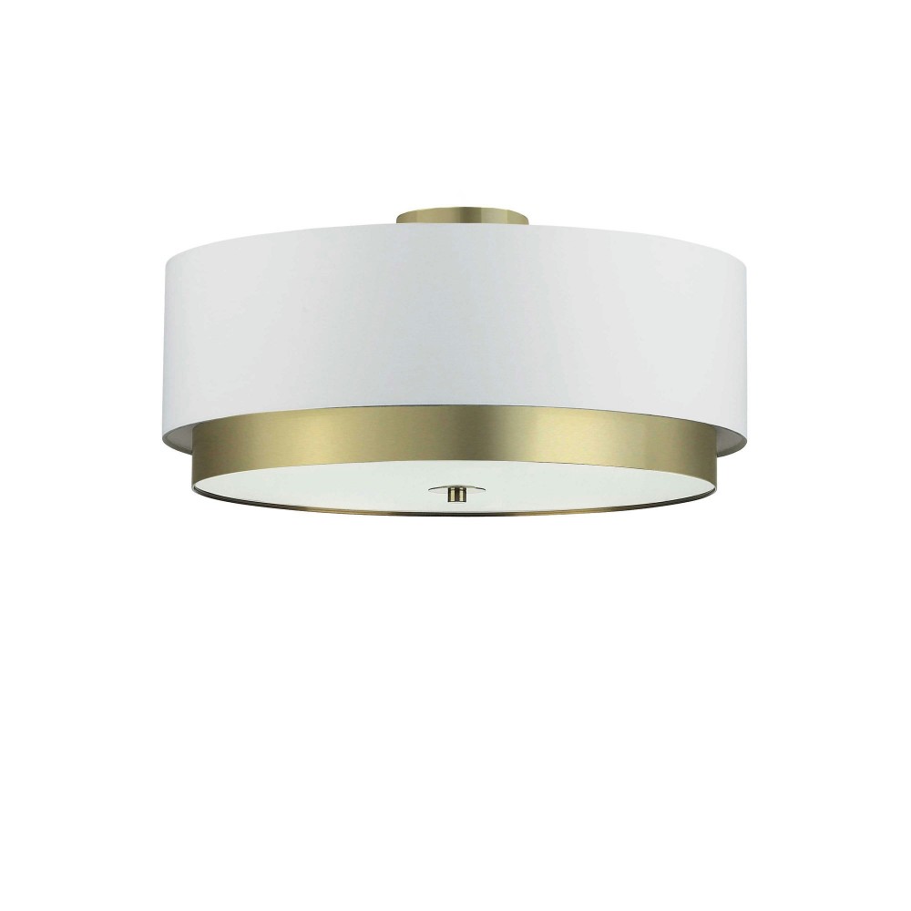 4 Light Flush Mount, Aged Brass with White Shade, Frosted Glass Diffuser