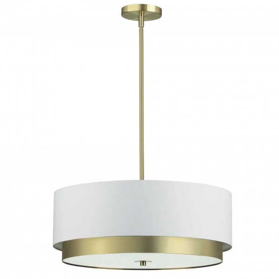 4 Light Large Pendant, Aged Brass with White Shade, Frosted Glass Diffuser