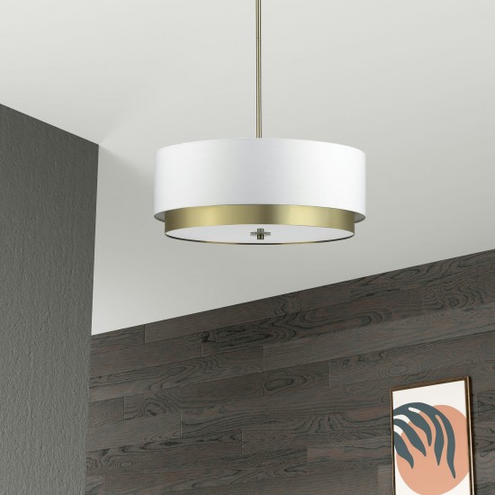 4 Light Large Pendant, Aged Brass with White Shade, Frosted Glass Diffuser