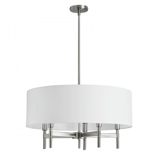 5 Light Chandelier with White Drum Shade Satin Chrome Finish