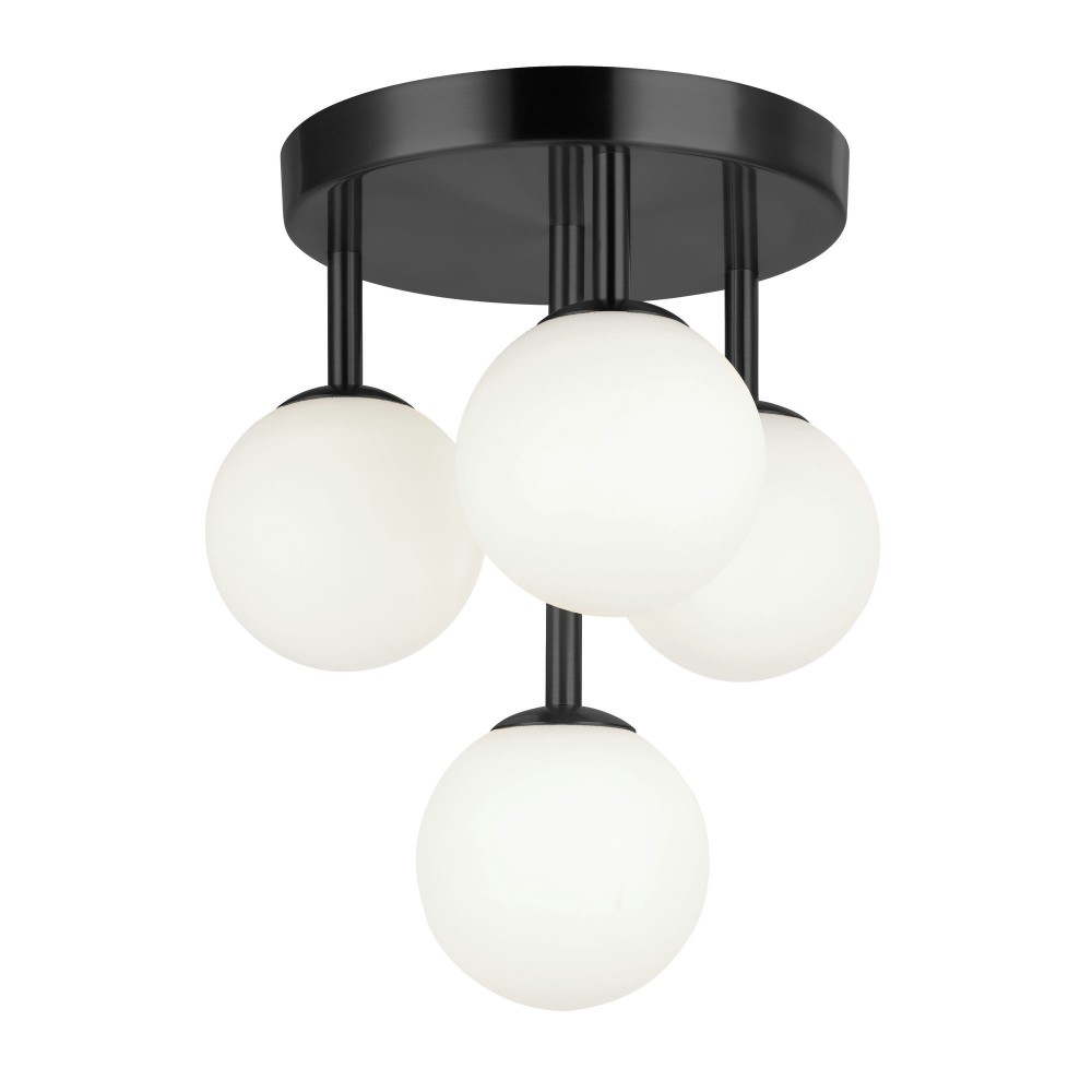 4 Light Flush Mount, Matte Black with White Opal Glass